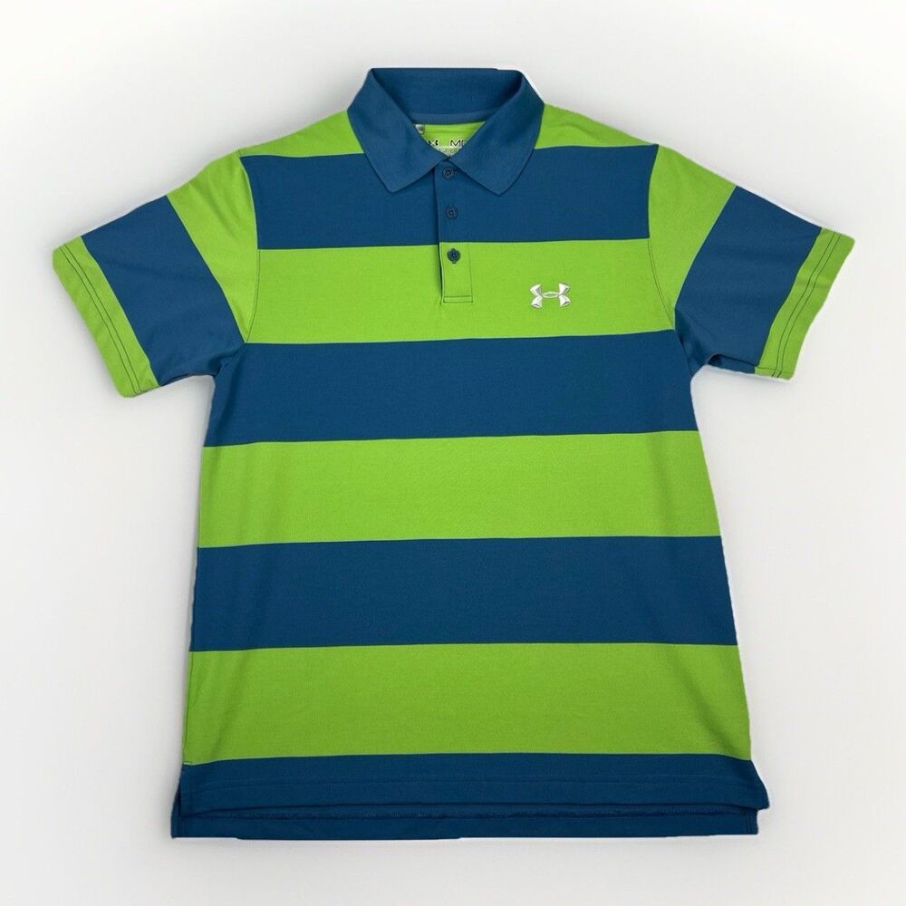 Under Armour HeatGear Polo‎ Mens Medium Blue Green Striped Short Sleeve Shirt